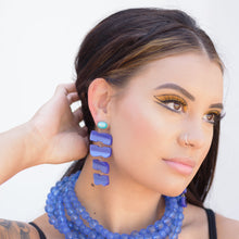 Load image into Gallery viewer, Teal &amp; Blue Hinged Buckle Stack Moonglow Statement Earrings *