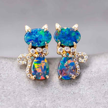 Load image into Gallery viewer, Kitten Cat Doublet Opal Diamond Stud Earrings 18K Yellow Gold