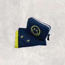 Load image into Gallery viewer, Smiley Cross Eyed Organic Cotton Travel Blanket and Eye Mask Set