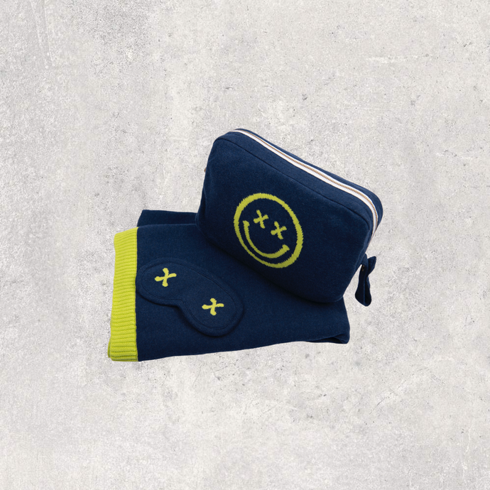 Smiley Cross Eyed Organic Cotton Travel Blanket and Eye Mask Set
