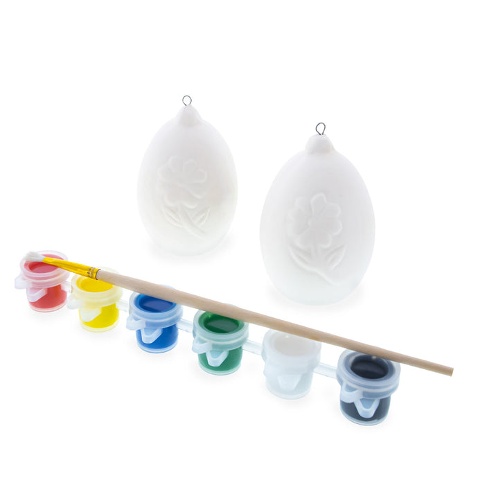 Set of 2 Blank Unpainted DIY Craft Kit Flower Easter Egg Ornaments 3 Inches