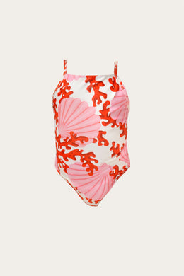 One-piece swimsuit with coral and shell pattern on a light background