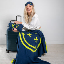 Load image into Gallery viewer, Smiley Cross Eyed Organic Cotton Travel Blanket and Eye Mask Set